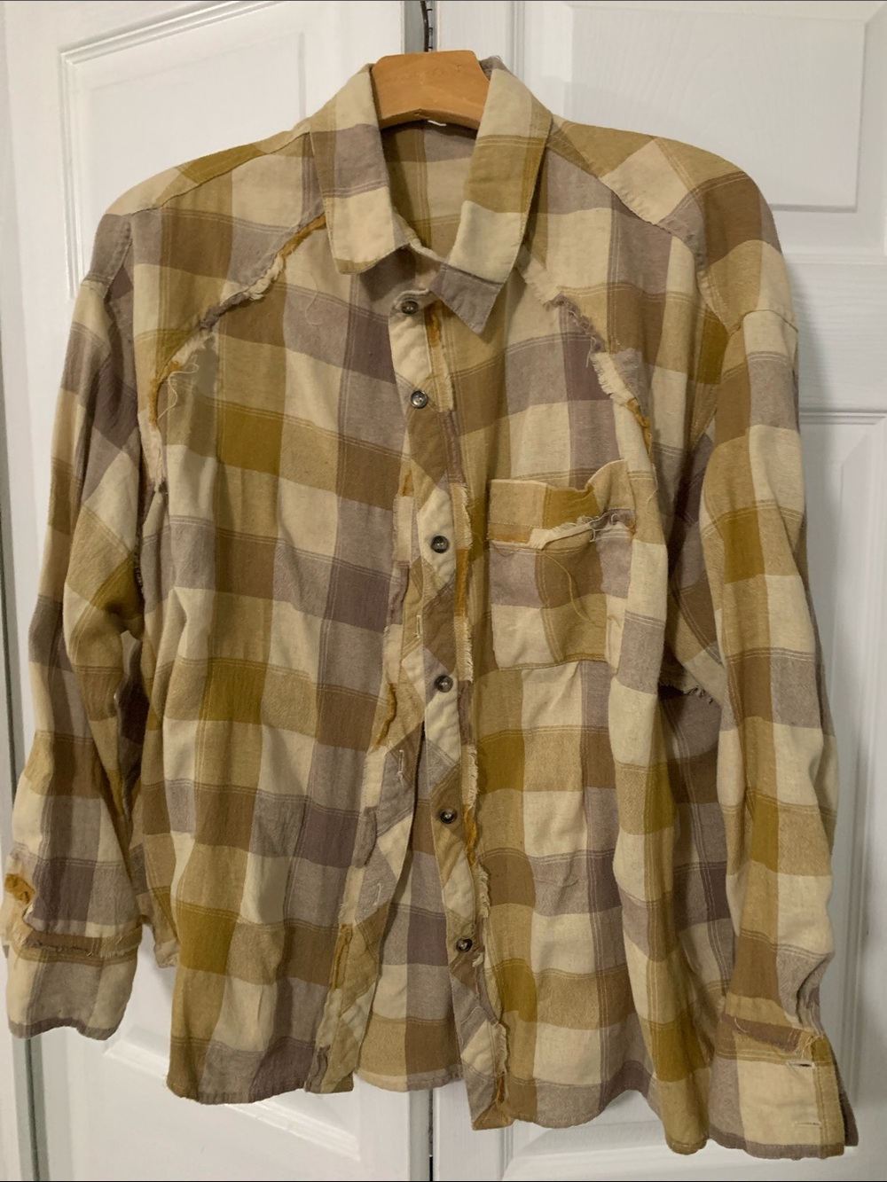 Women's Plaid Button-Down Shirt - Mustard & Taupe L